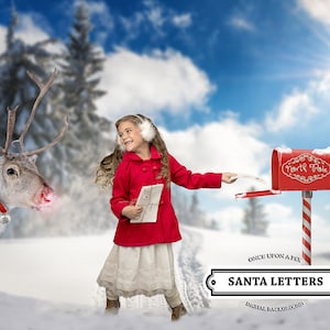 Fondo o telón de fondo digital de Navidad, CARTAS A SANTA para vacaciones, familias, niños, mascotas, niños, nevado, renos, tarjetas para Photoshop