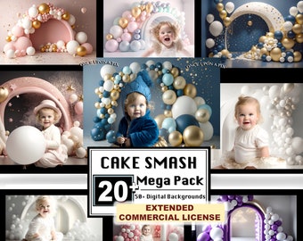 Cake Smash Digital Download, Celebration Digital Backdrops Family Birthday Toddler Newborn Maternity Overlays Background Photoshop Balloon
