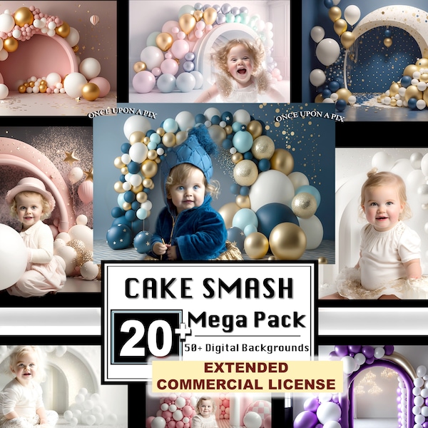 Cake Smash Digital Download, Feier digitale Kulissen Familie Geburtstag Kleinkind Neugeborene Mutterschaft Overlays Hintergrund Photoshop Ballon