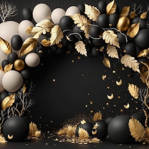 Halloween Balloon Arch Garland Digital Backdrop, Studio Background Balloon Digital Backdrops Toddler Backgrounds Photoshop Gold Black
