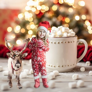 Weihnachten Hintergrund Winziges Rentier Heißer Kakao Digitaler Hintergrund Intuitive Miniatur Urlaub Familie Foto Karte Verbund Photoshop