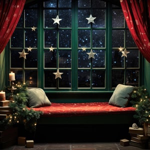 Dreamy Christmas Red Curtain Bench Background, Painterly Family Photo Composite Photoshop Backdrops, Window Seat Kids Backdrop Waiting Santa