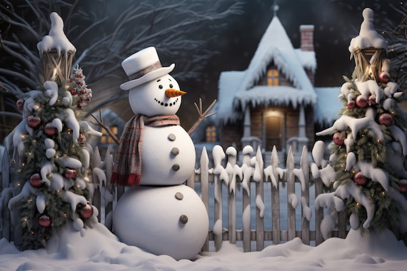 7x5FT Christmas Snow Background - Winter Woods Snowman Photo Backdrop DH-149