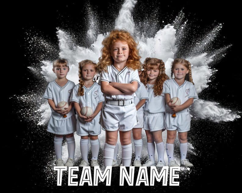 May include: Five young girls wearing white baseball uniforms with a white powder explosion behind them. The girls are holding baseballs and smiling. The text "TEAM NAME" is at the bottom of the image.
