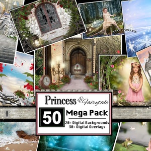 May include: A digital collage of 50 princess and fairytale themed backgrounds and overlays. The collage features images of castles, forests, carriages, and other magical elements. The text "Princess & Fairytale 50 Mega Pack" is displayed in the center of the collage.