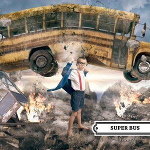 Bus Superhero Digital Background, or Digital Backdrop, Photo Background, Composite in Photoshop, Wonder Man Super Hero Punch Strong Comics