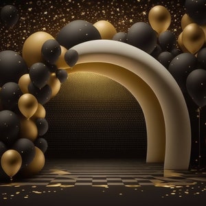 Disco Halloween Balloon Arch Garland Digital Backdrop, Studio Background Balloon Digital Backdrops Toddler Backgrounds Photoshop Black