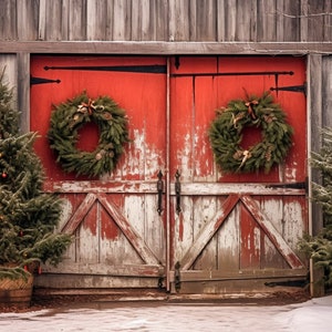 Sfondo natalizio Red Barn Doors Scenery Sfondo digitale, Family Photo Card Composite Photoshop Digital Backdrop Download Vintage