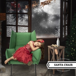 Sfondo digitale della finestra di Natale della sedia o sfondo della carta per famiglie in vacanza o bambini per fotografi o Photoshop, Babbo Natale,