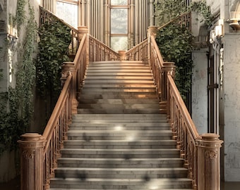 Renaissance Stairway Digital Backdrop, Fairy Tale Steps Background Replacement Castle Entrance