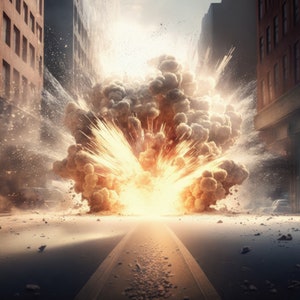 Könnte beinhalten: Eine große Explosion mitten auf einer Stadtstraße, mit Rauch und Trümmern, die durch die Luft fliegen. Die Explosion ist in der Mitte der Straße zentriert, mit Gebäuden auf beiden Seiten.