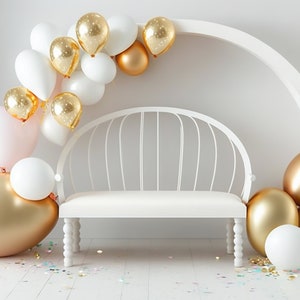 White Bench Arch Balloon Garland Digital Backdrop, Birthday Background Balloon Digital Backdrops Toddler Background Photoshop Digital