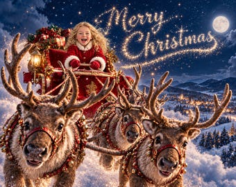 Flying Sleigh Christmas Digital Backdrop Intuitive Santa Reindeer Digital Background Holiday Composite Family Card Photo Merry Christmas Sky