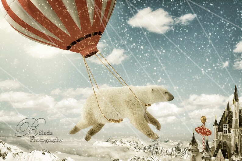 Polar BEAR Express Digital Backdrop Nick Whimsical Christmas or Holiday Composites For Photographers Polar Bear North Pole Snow Santa