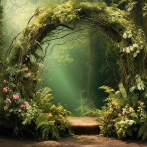 Digital Backdrop Digital Background Green Floral Ring Painterly Bokeh Forest Fairy Arch Photography Backdrop Magical Background Flowers Ring