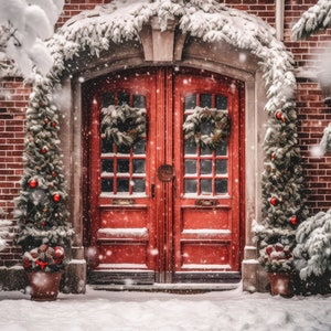 Christmas Backdrop Painted Snowy Door Winter Scene Digital Backdrop, Family Photo Card Composite Photoshop Digital Backdrop Download Vintage