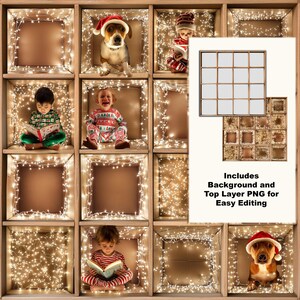 May include: A festive image featuring a wooden grid with various subjects in each compartment. Subjects include children in pajamas, dogs wearing Santa hats, and a child reading a book. The compartments are decorated with fairy lights. Text: Includes Background and Top Layer PNG for Easy Editing.