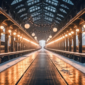 Pano de fundo digital, estilo de pintura a óleo, estação de trem de neve, fundo digital de natal, família, cenário de natal, cartão de férias, composto interno