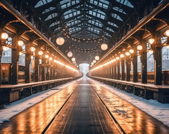 Digital Backdrop, Oil Paint Style Snowy Train Station Christmas Digital Background, Family Christmas Backdrop Holiday Card Indoor Composite
