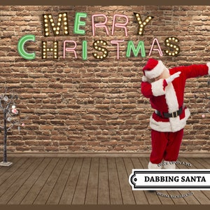 Sfondo digitale di Natale in famiglia o sfondo digitale di famiglia. Muro di mattoni, Dabbing Santa, divertente, unico, creativo, biglietto di auguri, Photoshop