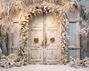 Christmas Backdrop Painterly Ivory Doors Digital Backdrop, Family Photo Card Composite Photoshop Digital Backdrop Download Vintage