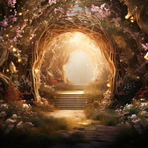 Fond numérique Fée dorée Toile de fond numérique Fée picturale Photographie Toile de fond Arc de forêt magique Grande fenêtre Fond Arbres