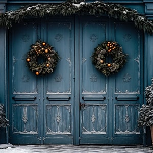 Sfondo natalizio Holiday Vintage Blue Doors Sfondo digitale, Family Card Composite Photoshop Digital Backdrop, Download Background Wreath