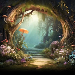 Digital Background Fairy, Digital Backdrop Fairy Tale Photography Backdrop Magical Forest with Mushrooms & Glowing Light Dress Backdrop