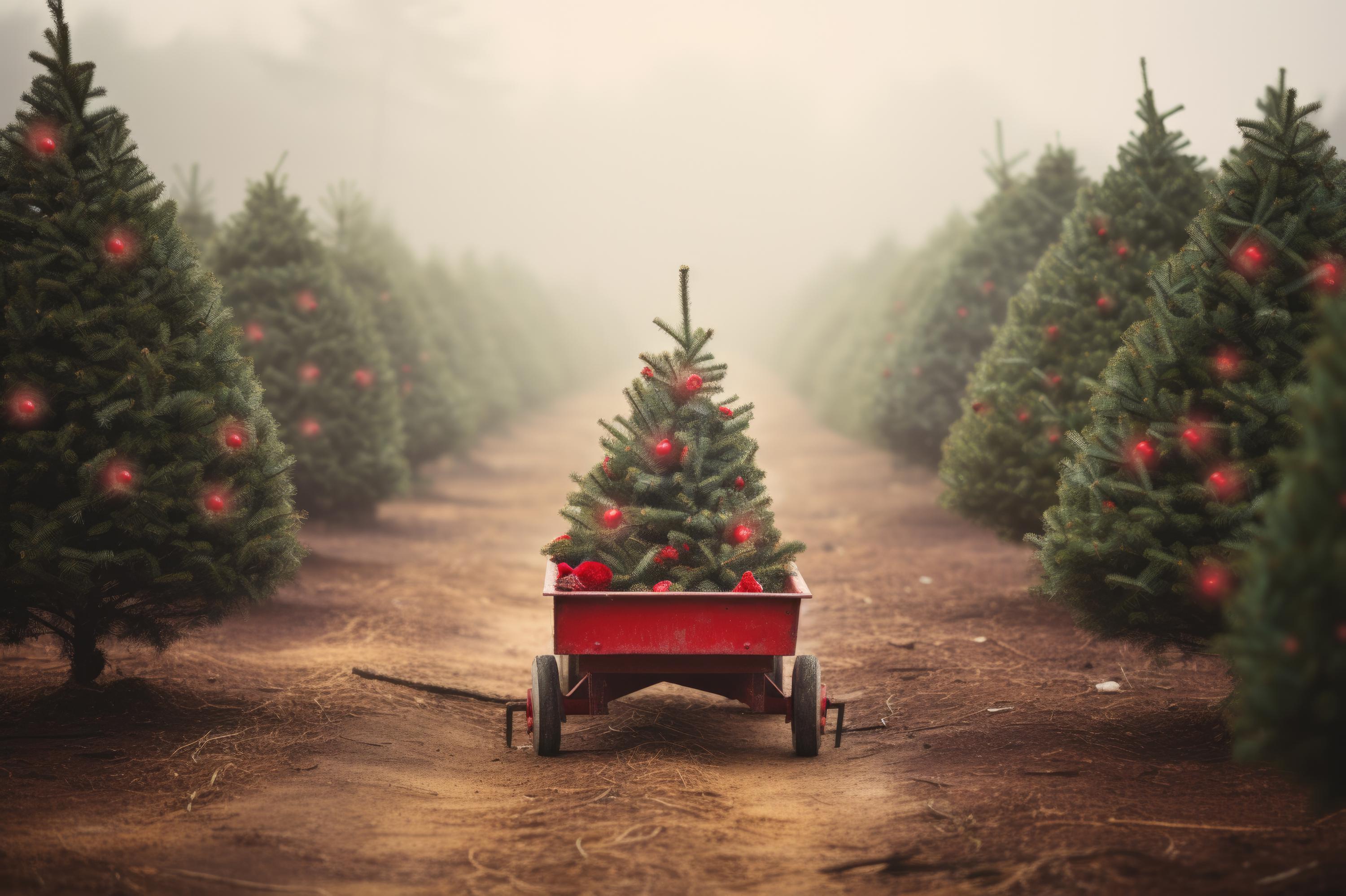 Digital Backdrop Tiny Christmas Tree Farm Background Red Wagon Backdrop ...