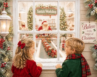Christmas Digital Backdrop Glimpse Santa's Workshop Digital Holiday Art Background Composite Clause Village North Pole Lodge Christmas Card