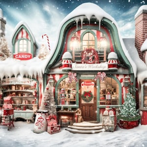 Santa&#39;s Workshop Christmas Digital Backdrop Winter Digital Backdrop Holiday Art Background Composite Santa Clause Village North Pole Lodge