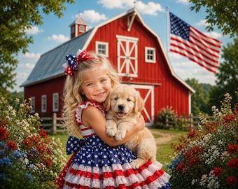 Patriotic Digital Backdrop Red White & Blue Background,  Red Barn Tree Farm Digital Template 4th July Photo USA, Independance Day, Kids