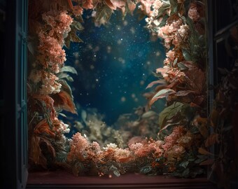 Digital Backdrop Dreamy Windowseat Unique Whimsical Old Masters Floral Birthday Template Background Valentine Portrait Vintage Window