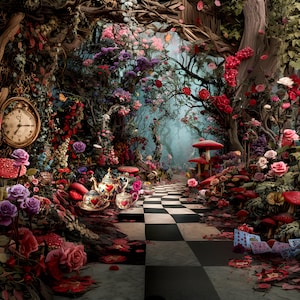 Può includere: Una scena fantastica ispirata ad Alice nel Paese delle Meraviglie. Un sentiero a scacchi in bianco e nero conduce attraverso una foresta vibrante piena di funghi rossi, rose e un servizio da tè. Un grande orologio è appeso a un albero.