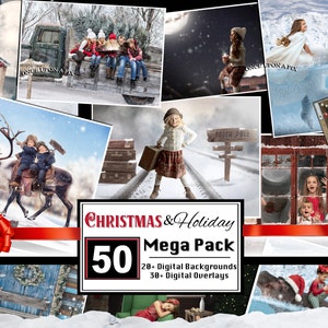 50+ Christmas Backgrounds, Enchanting Digital Overlays & Backdrops, Fine Art Christmas Santa templates, Card Background, Snow, Photoshop