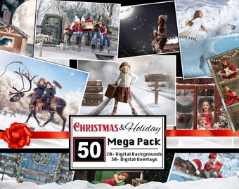 50+ Set Christmas Backgrounds, Digital Christmas Overlays & Backdrops, Santa Backdrop, Card Background, Snow, Dog Cat Photoshop