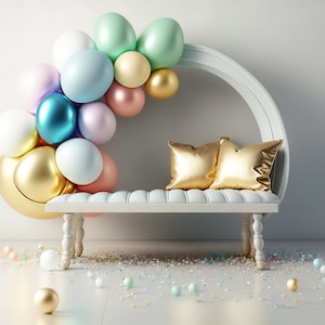 Studio Balloon Garland Digital Backdrop, Birthday Background Balloon Arch Backdrops Toddler Overlay Background Photoshop Easter Bench Gold