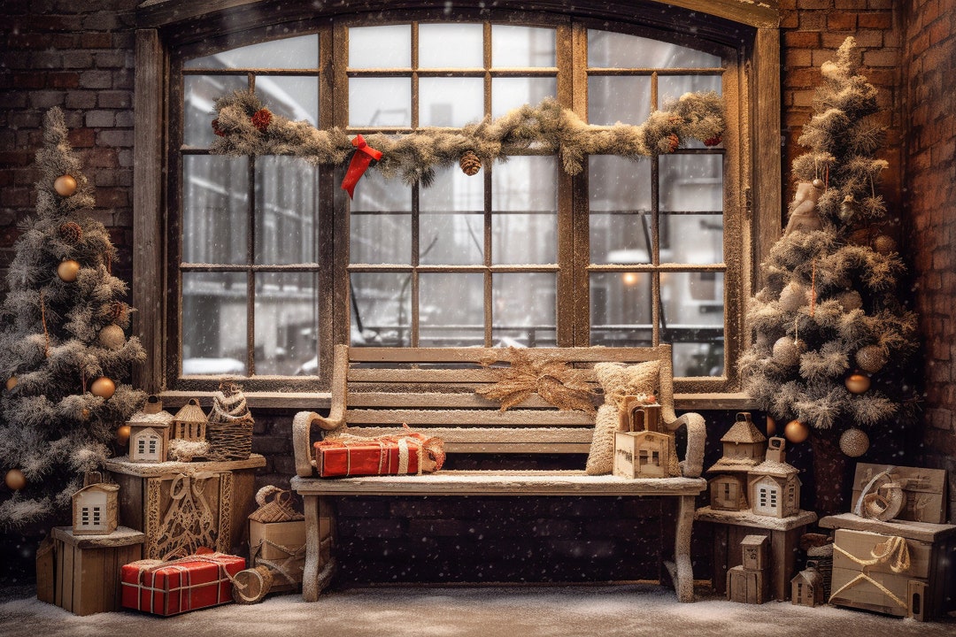 Digital Backdrop Christmas, Wood Arch Window Bench Digital Christmas ...