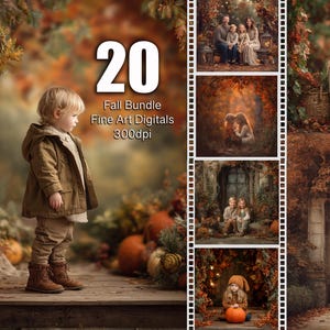 May include: A digital art bundle with a fall theme. The image features a young child in a brown jacket and pants standing on a wooden platform, surrounded by pumpkins and autumn foliage. The text "20 Fall Bundle Fine Art Digitals 300dpi" is displayed.