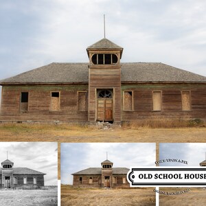 May include: An old, weathered wooden schoolhouse with a central tower and boarded-up windows. The building is brown with faded green trim, set against a cloudy sky and dry, grassy field. The image includes a black and white version and a cropped version of the schoolhouse.