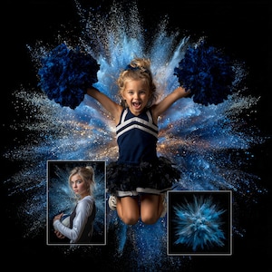 Peut inclure: Une jeune fille en uniforme de pom-pom girl bleu marine à rayures blanches, tenant des pompons bleus, saute devant une explosion bleue et dorée sur fond noir. Deux petites images sont incrustées : une fille avec un ballon et une explosion bleue.