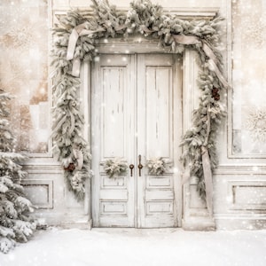 Telón de fondo de Navidad Pintado Snowy White Doors Telón de fondo digital, Tarjeta de foto familiar Compuesto Photoshop Telón de fondo digital Descargar Vintage