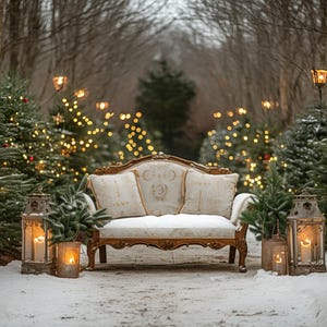 Weihnachten Digital Backdrop Loveseat Baum Bauernhof Digitaler Hintergrund, Intuitive Familienfoto Karte Photoshop Download Ornament Urlaub