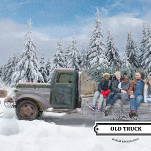 Sfondo digitale di Natale vecchio camion o sfondo di Natale SET! Ottimo per biglietti di auguri di famiglia, alberi, inverno, neve, Babbo Natale, Photoshop