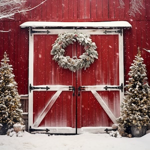 Kerst Achtergrond Painterly Red Barn Holiday Door Digitale Achtergrond, Familie Fotokaart Composiet Photoshop Digitale Achtergrond Download Vintage