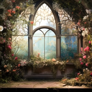 Digital Background Floral Arch Digital Backdrop Fairy Tale Photography Digital Backdrop Magical Overgrown Window Whimsical Atrium Backdrop