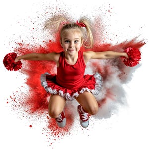 May include: A young girl in a red and white cheerleading outfit jumps in the air with red and white pom-poms. Red and white powder explodes around her as she jumps.