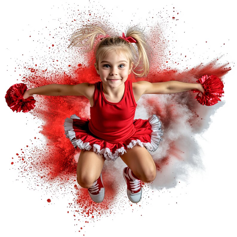 May include: A young girl in a red and white cheerleading outfit jumps in the air with red and white pom-poms. Red and white powder explodes around her as she jumps.