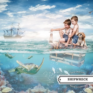 May include: Two children and a dog sit on a wooden chest, which is floating on the ocean. The chest is half submerged in the water, revealing a coral reef and sea turtles below. The sky is blue with white clouds and a ship sails in the distance. The text "Once Upon A Time Shipwreck Digital Background" is visible in the lower right corner.