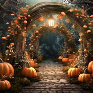 May include: A spooky Halloween scene with a path leading through a forest archway decorated with pumpkins and orange flowers. The path is made of stone and leads to a mysterious destination.